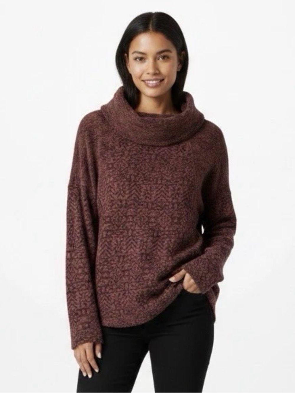 North River Textured Cowl Neck Sweater in Burgundy